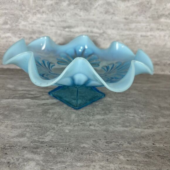Northwood Blue Opalescent Ruffled Candy‎ Dish Shell Design Square Pedestal Base - Picture 9 of 16